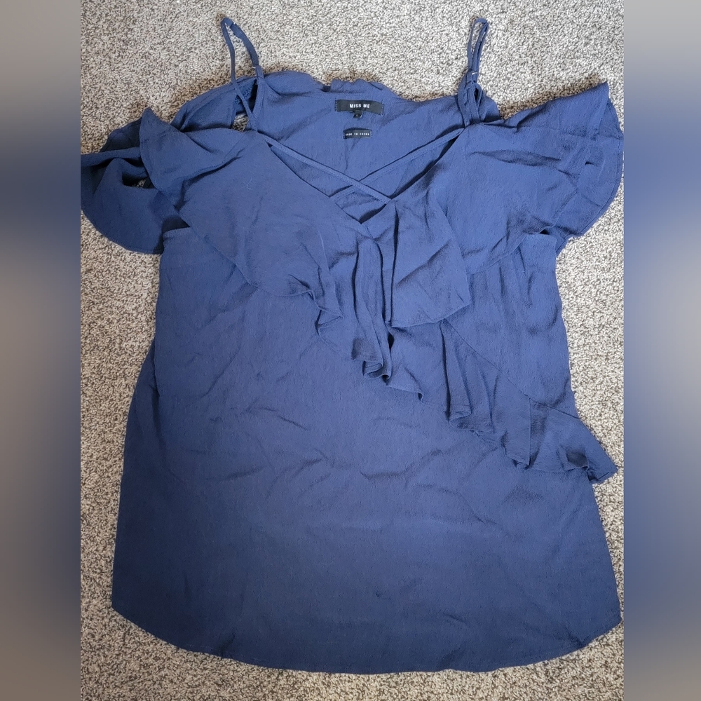 Miss Me Cold Shoulder Top Large Blue Ruffle Spaghetti Strap